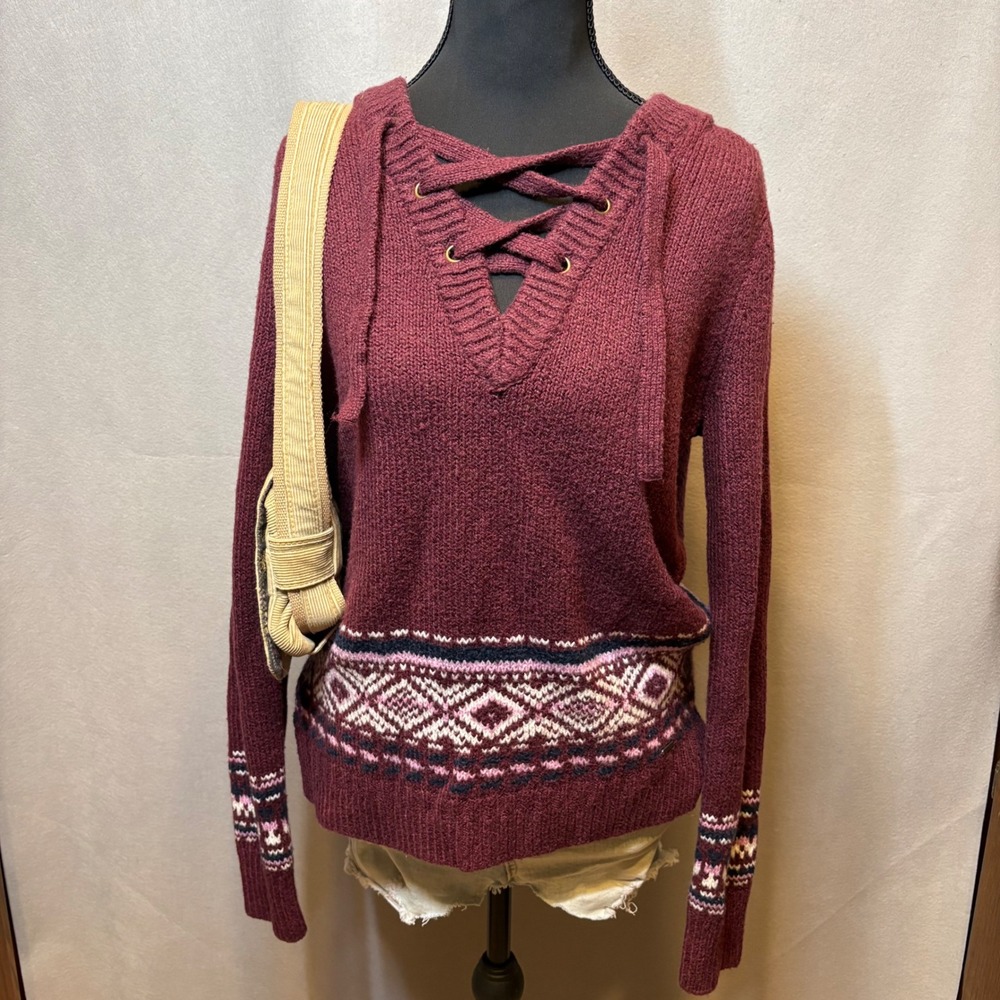 Hollister Burgundy Fair Isle Lace Up Knit Hoodie Sweater Small Maroon Boho